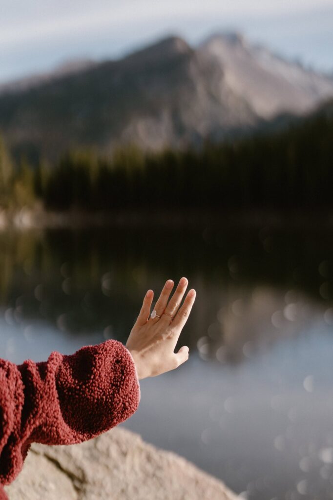 Engagement ring with a sparkly frozen lake
