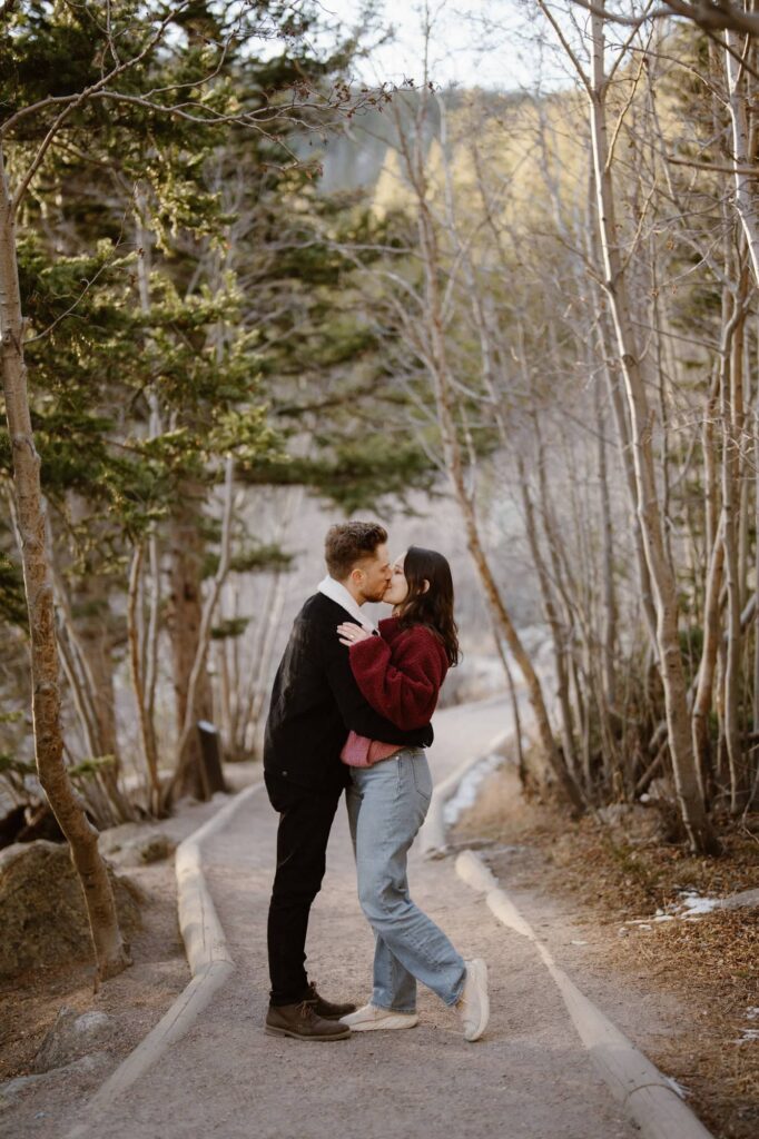 Couple walking the trail at Bear Lake after surprise engagement