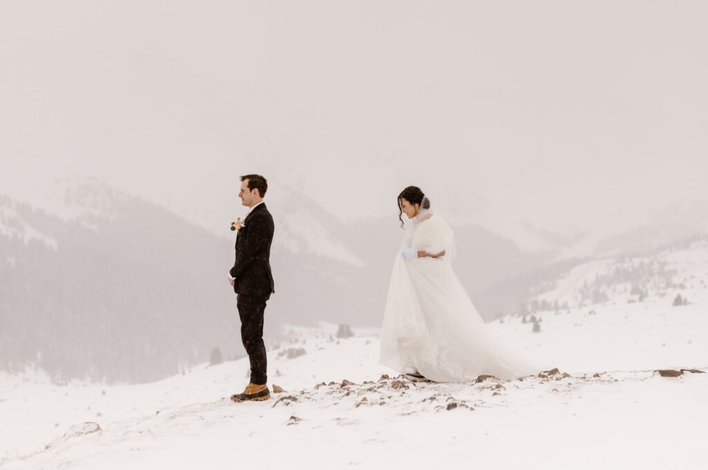 Loveland Pass wedding first look before Sapphire Point Overlook wedding ceremony