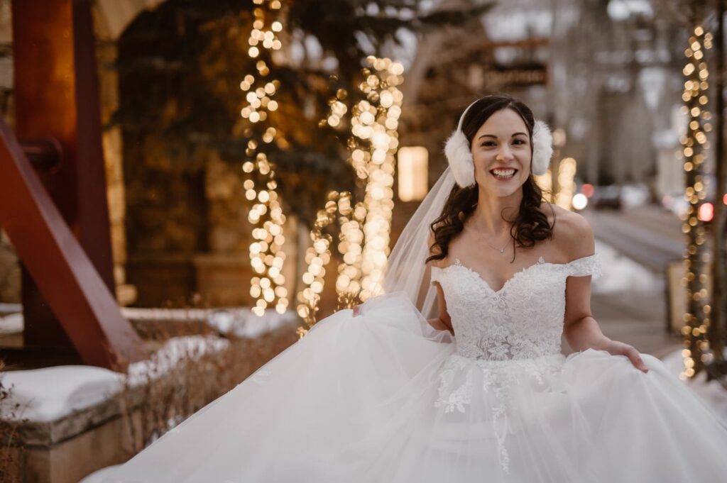 Bride in Vail Village during winter