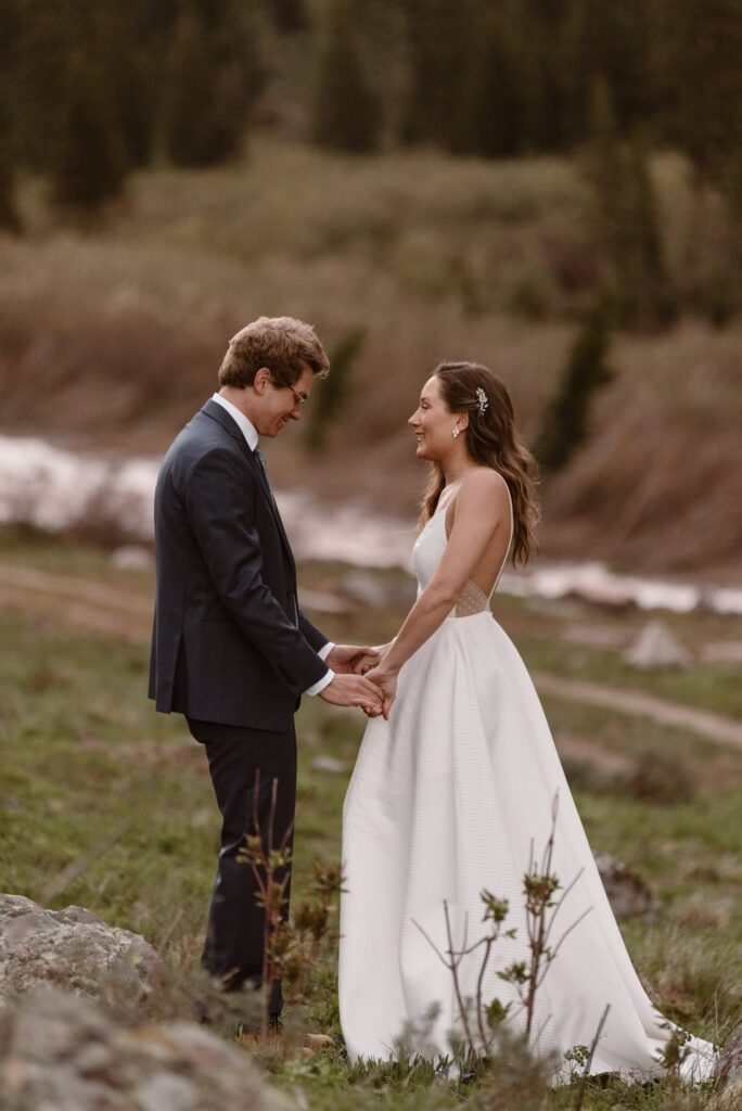 Romantic first look during full day elopement