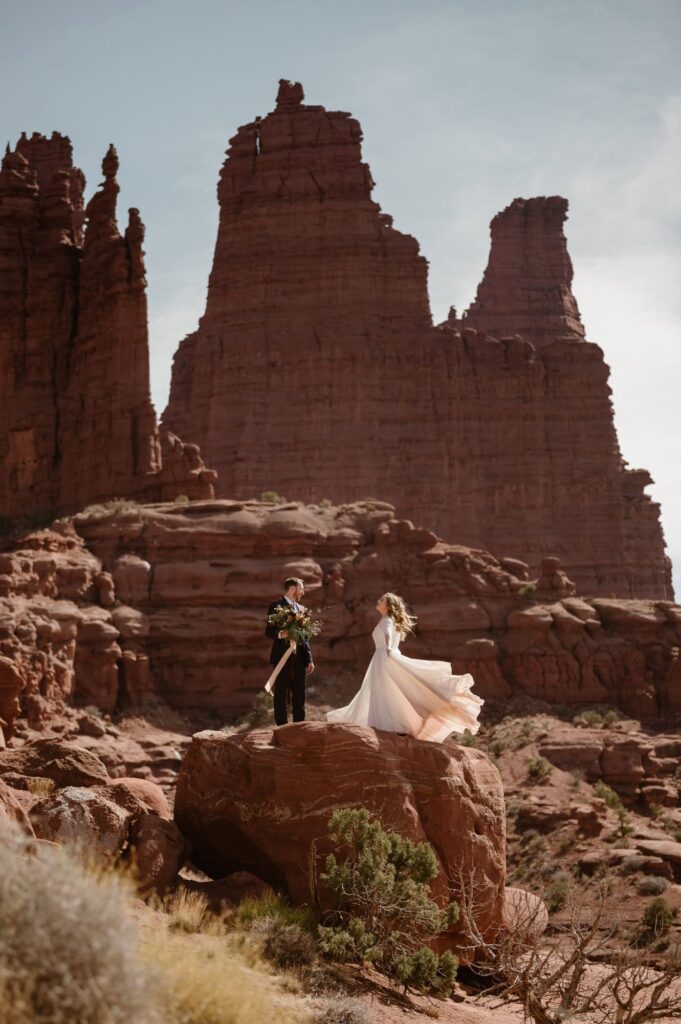 Couple dancing on elopement day in Moab, Utah