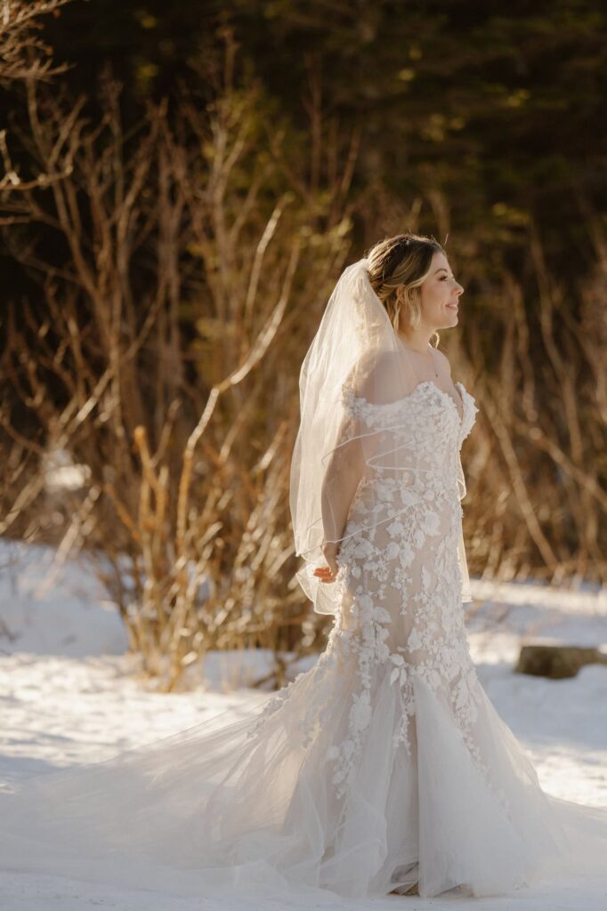 Bride in winter wedding dress in the snow