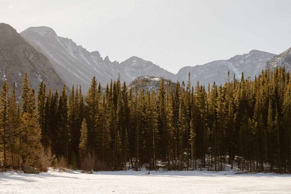 View of Longs Peak from Bear Lake during winter