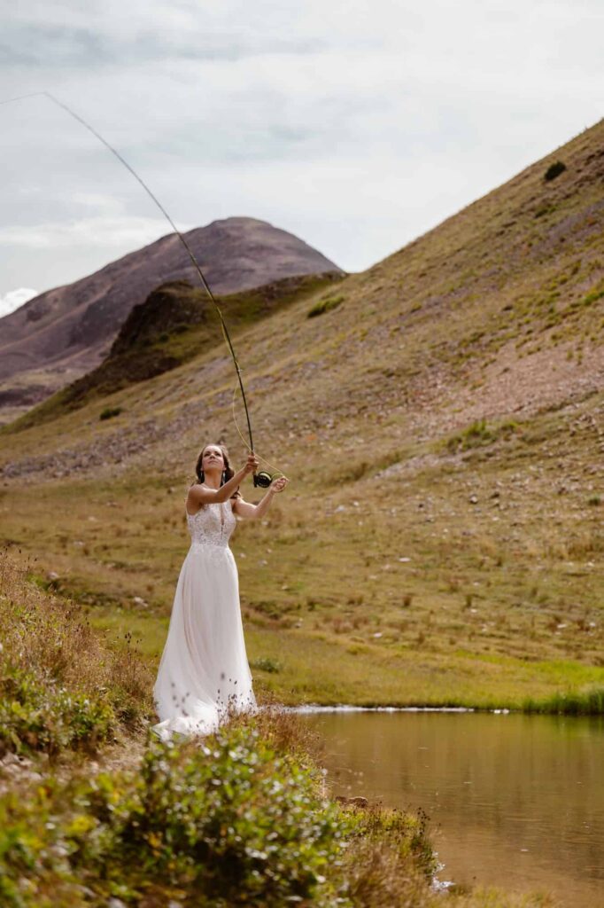 Fly fishing bride in Colorado mountains