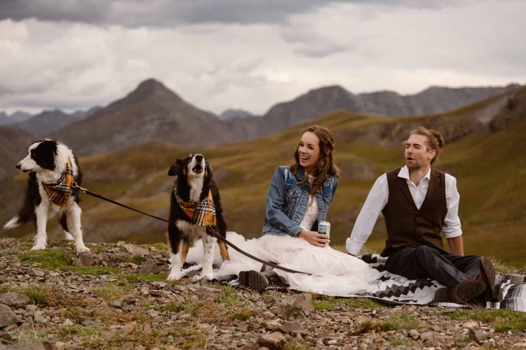 Wedding photos with dogs in Colorado mountains