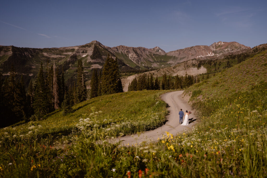 Photos of couple eloping in Colorado mountains with wildflowers all around
