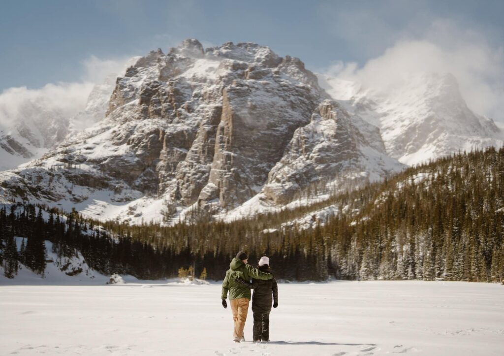 Winter engagement photos at The Loch in Rocky Mountain National Park
