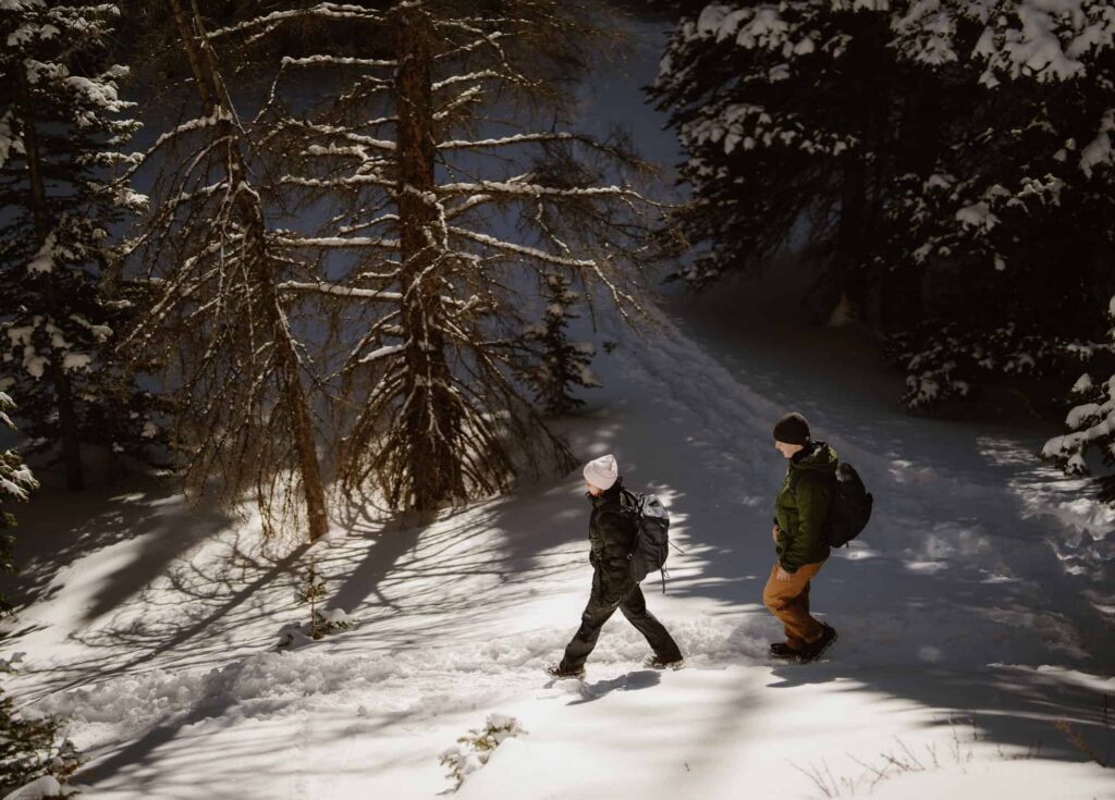 Winter engagement photos while hiking in Rocky Mountain National Park