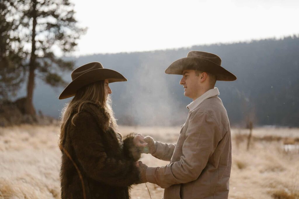 Winter engagement photos with western attire