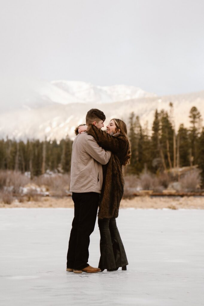 Winter engagement photos around Sprague Lake