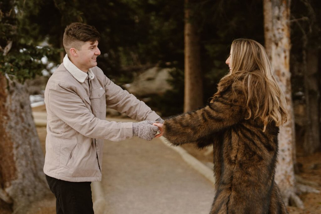 Candid engagement photos in Estes Park