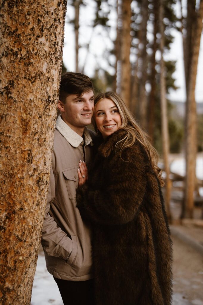 Winter engagement photos with fur jacket