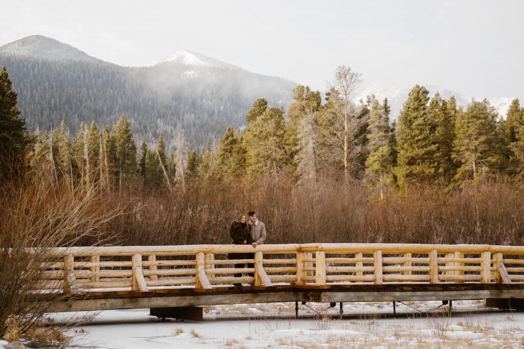 Winter engagement photos at Sprague Lake in Rocky Mountain National Park