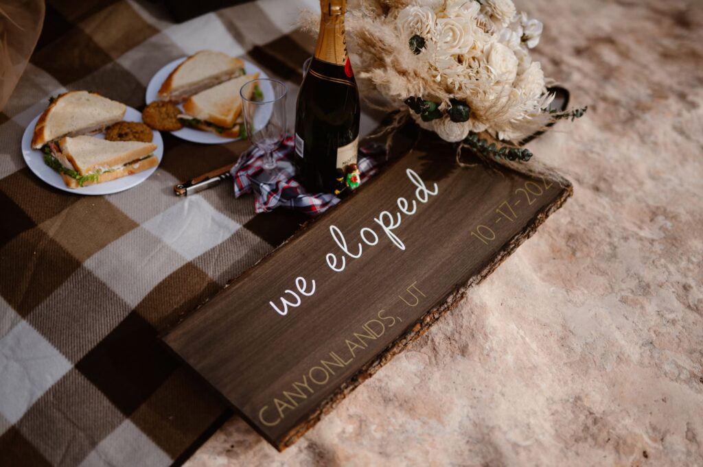 We eloped wooden sign for Canyonlands National Park wedding
