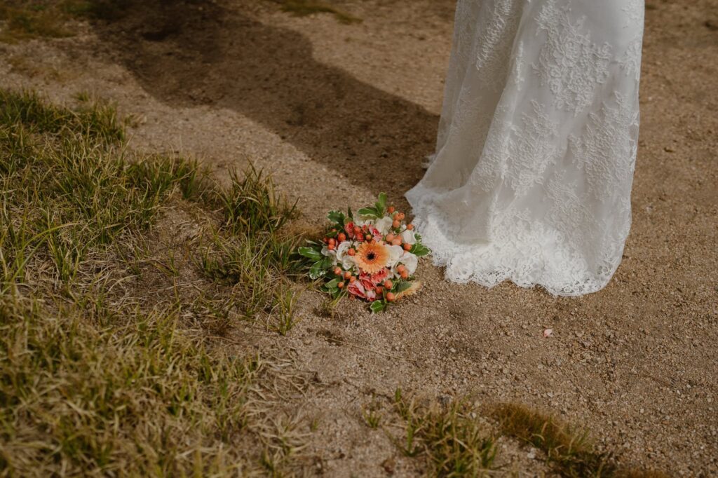 Peach and pink wedding bouquet