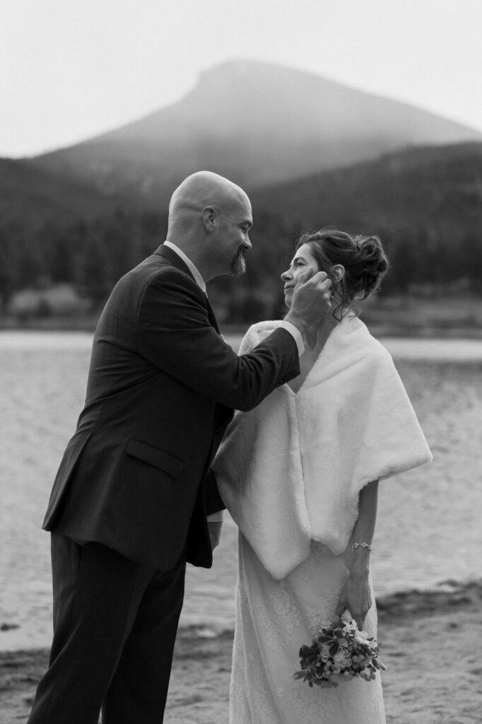 Romantic lakeside wedding portraits after vow renewal at Lily Lake