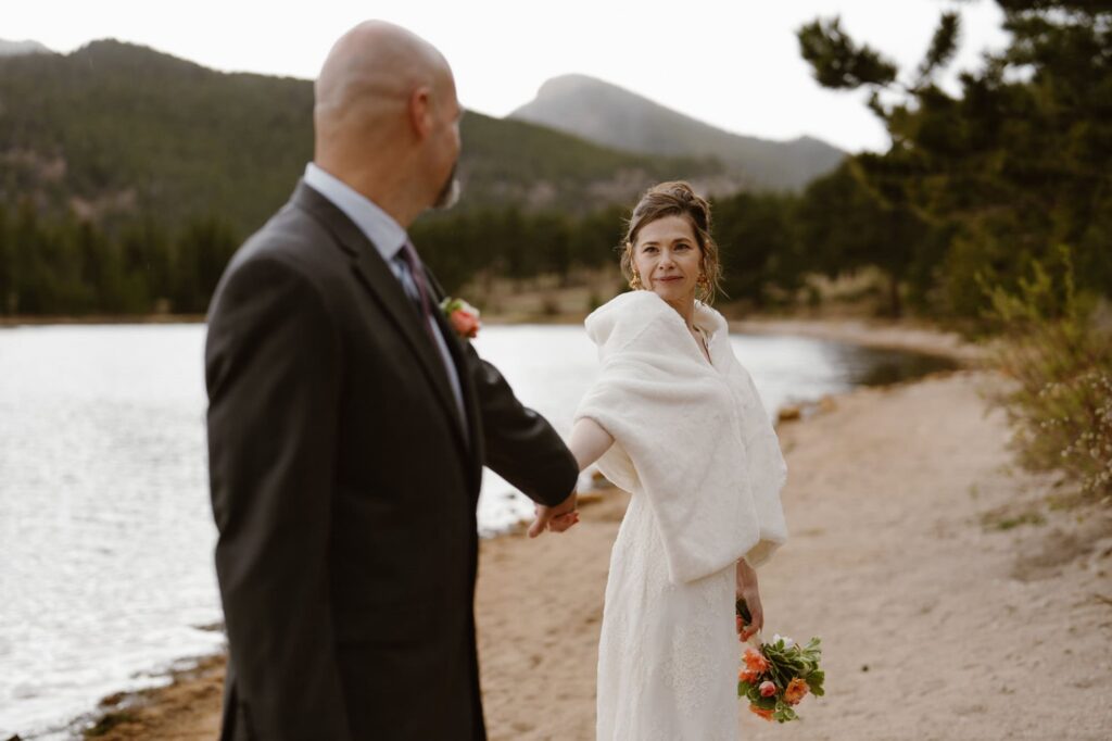 Bride and groom portraits after Colorado vow renewal at Lily Lake