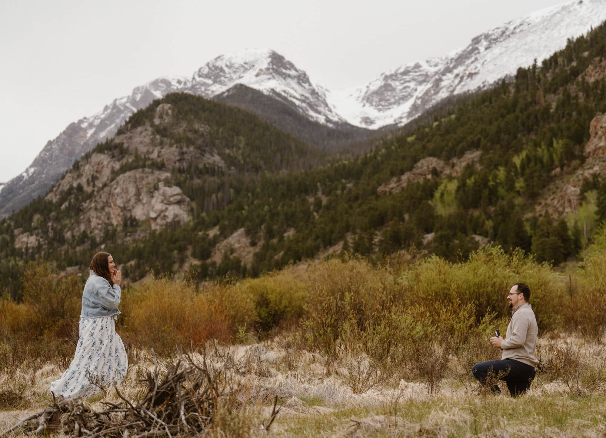 Surprise proposal during a couples photoshoot in Rocky Mountain National Park
