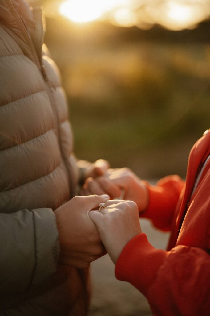 Engagement ring shining at sunrise