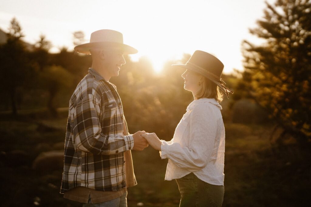 Engagement photos at sunrise in Moraine Park near Estes Park