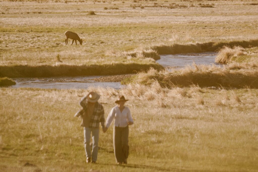 Couple walking through Moraine Park in RMNP with elk in background