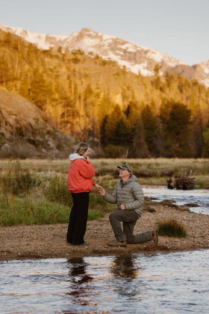 Surprise proposal at sunrise in Moraine Park