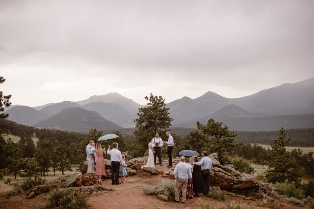 Couple getting married in Rocky Mountain National Park at 3M Curve ceremony site