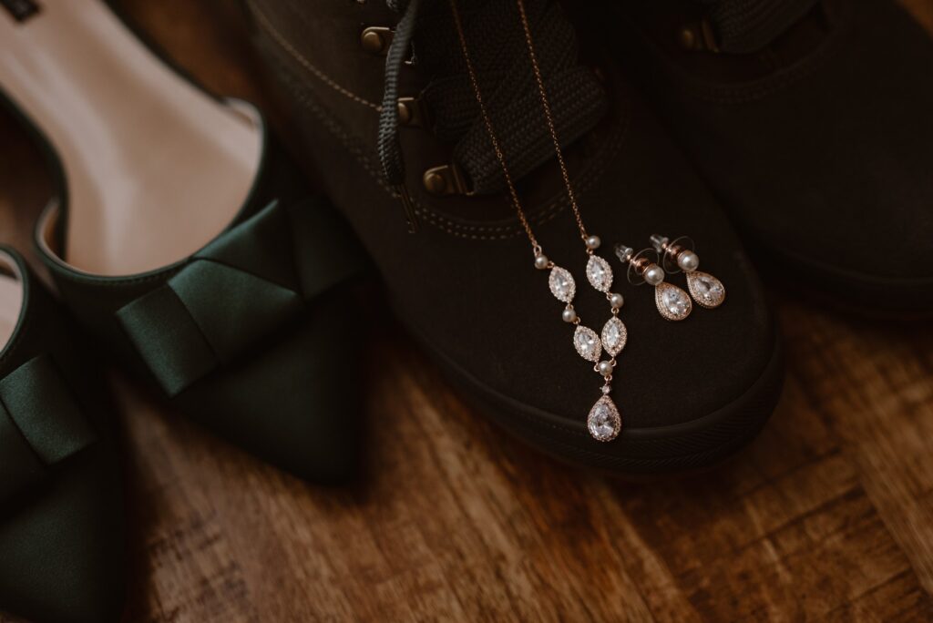 wedding day details photo of shoes and jewelry