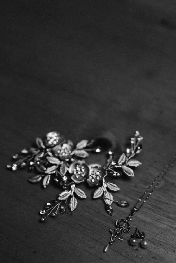 Black and white photo of bridal details