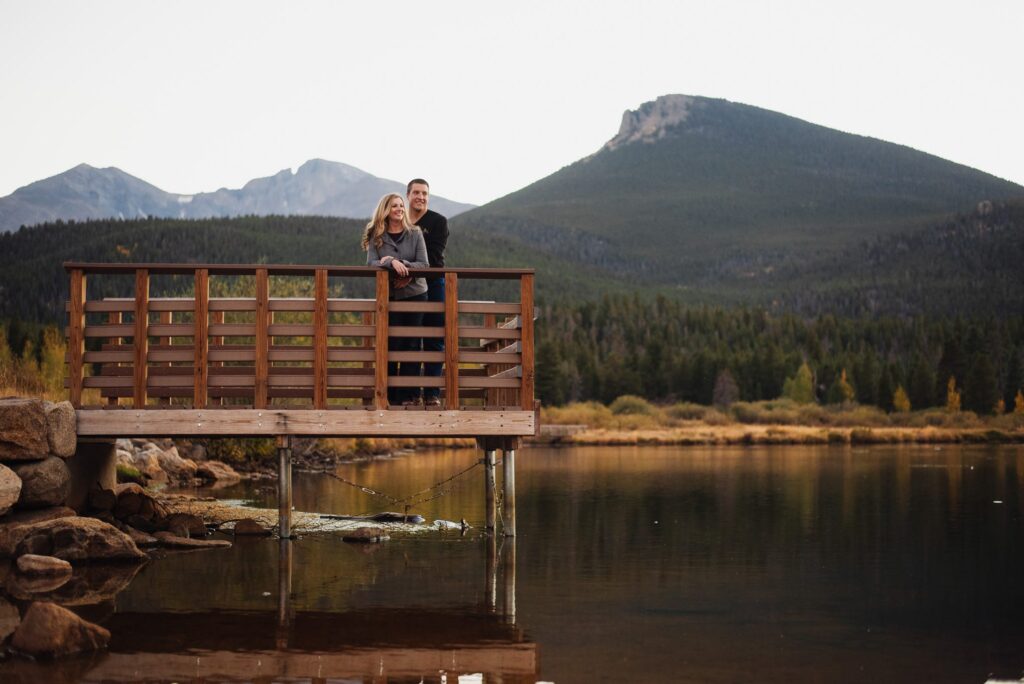 View of Lily Lake wedding dock with Longs Peak and Mount Meeker in the distance