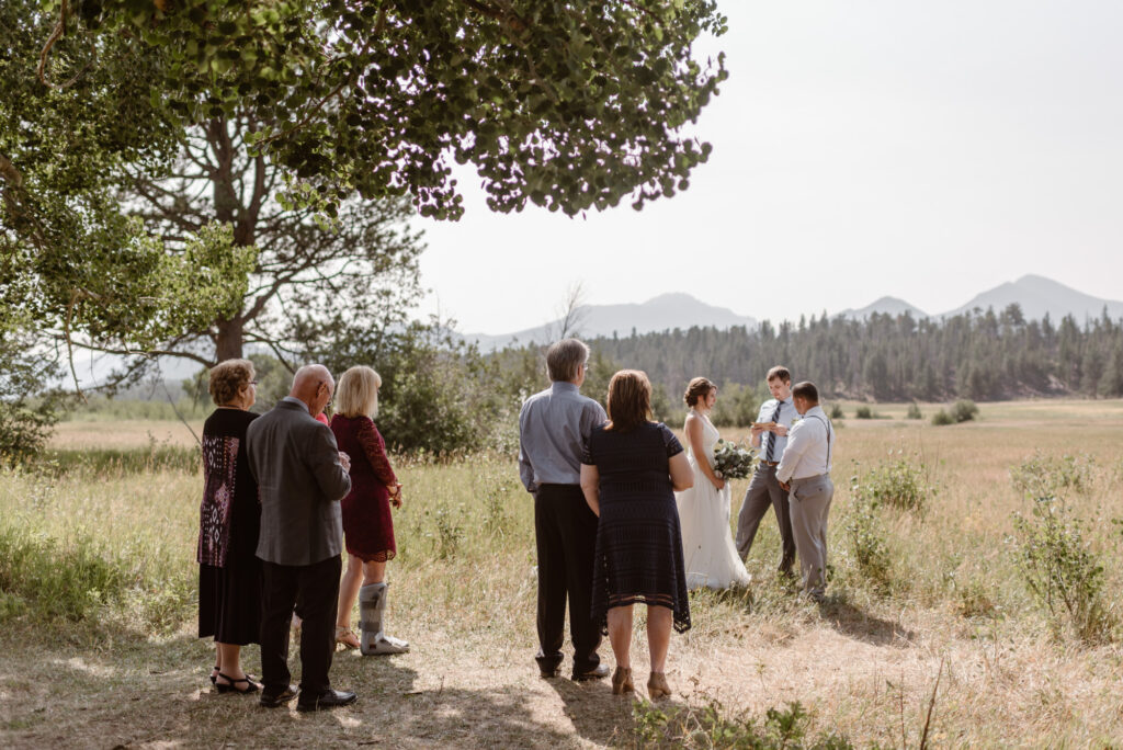 Family gathered around couple in the meadow for their wedding ceremony