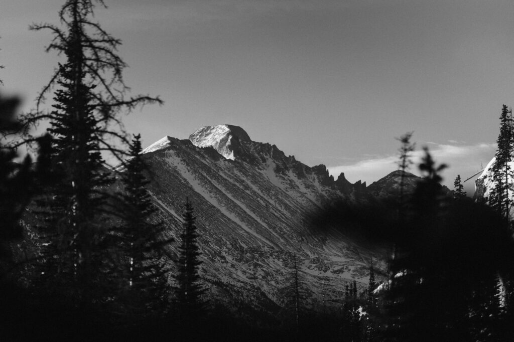 Black and white image of Longs Peak view from Dream Lake hike