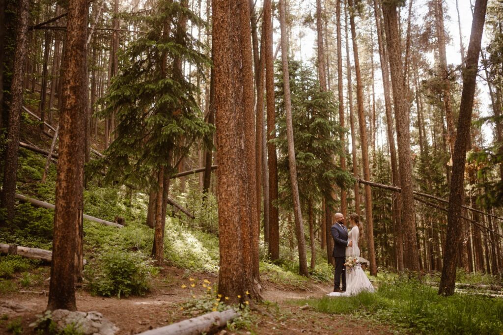 couple in Colorado forest on their June elopement day