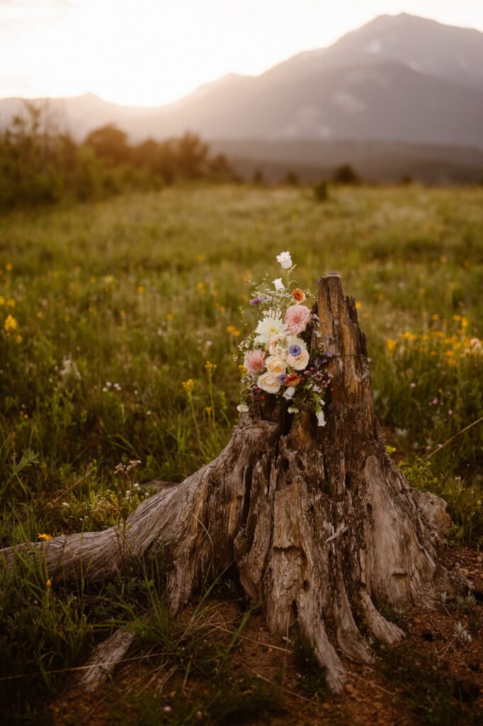 bouquet with wildflowers and mountain views