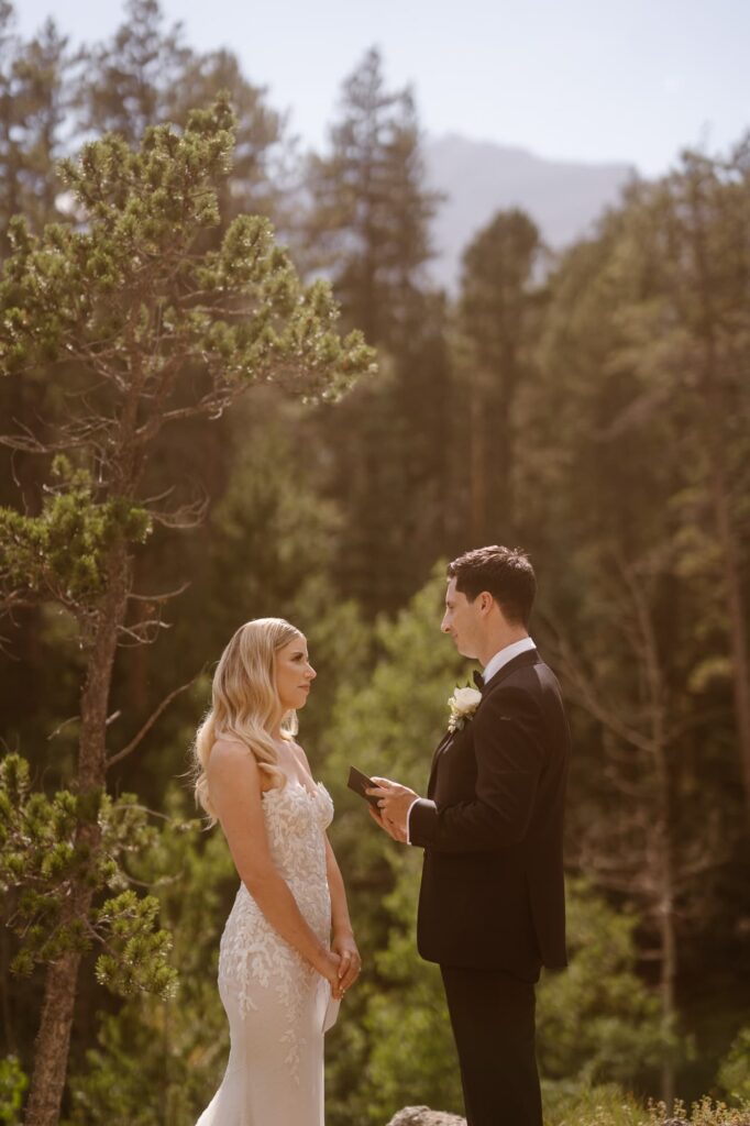 couple exchanging vows in the woods at their cabin