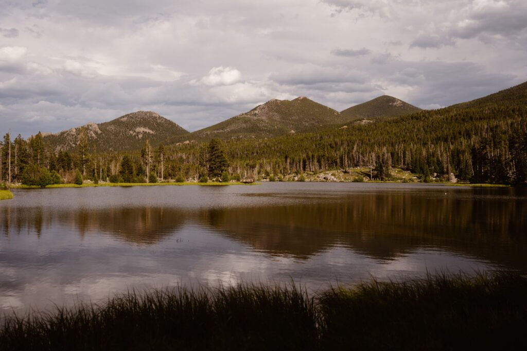 View of Sprague Lake in Estes Park at sunset