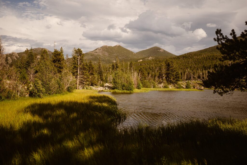 View of Sprague Lake in the evening light in Estes Park