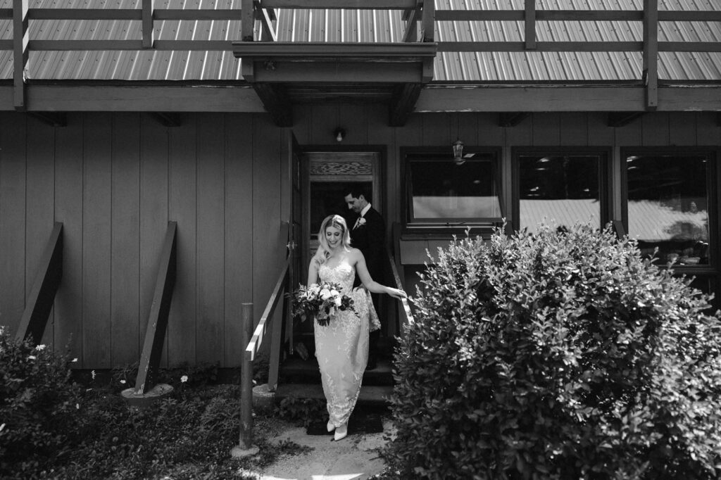 bride and groom leaving their Estes Park cabin on their wedding day