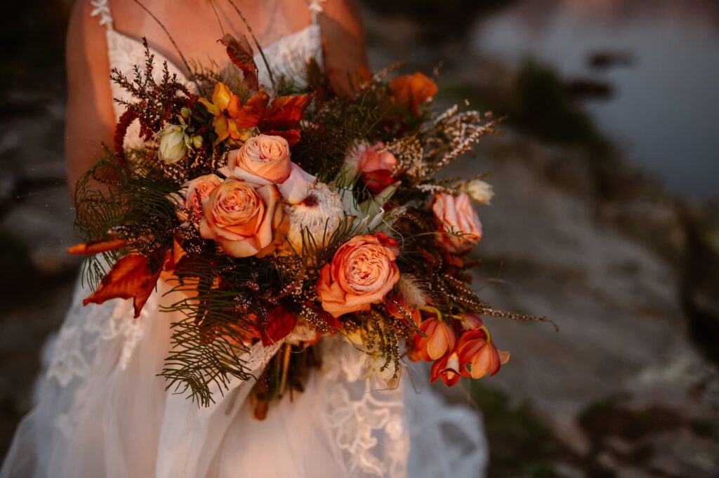close up of red bridal bouquet