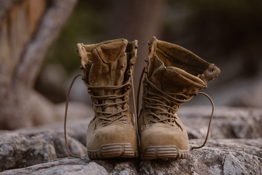 Military boots on a rock at Dream Lake