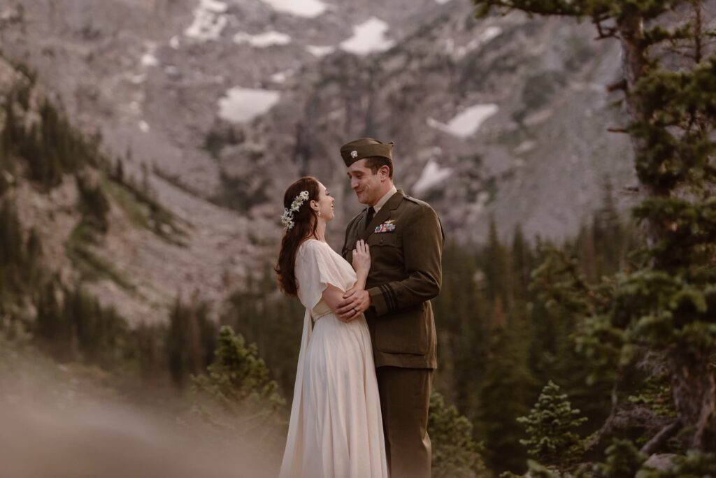 Bride and groom in their military outfits on their wedding day
