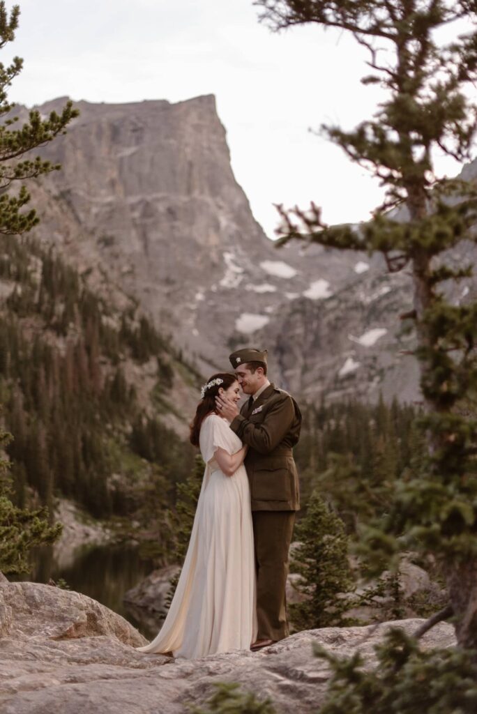 Military wedding photos of couple at Dream Lake in Colorado