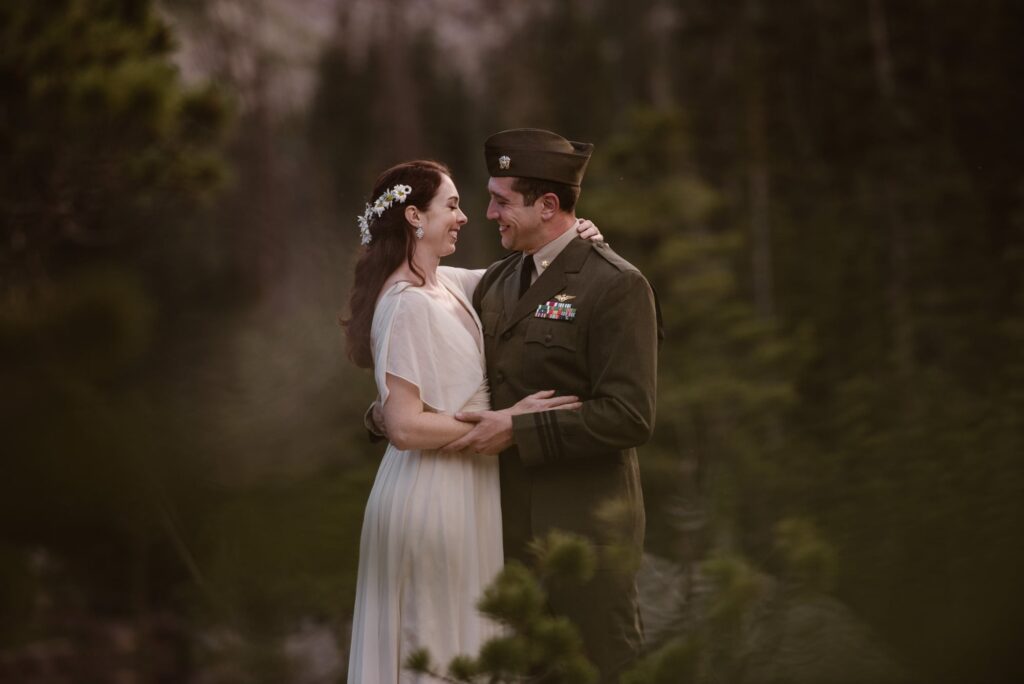 Close up of happy couple in their military attire on their wedding day