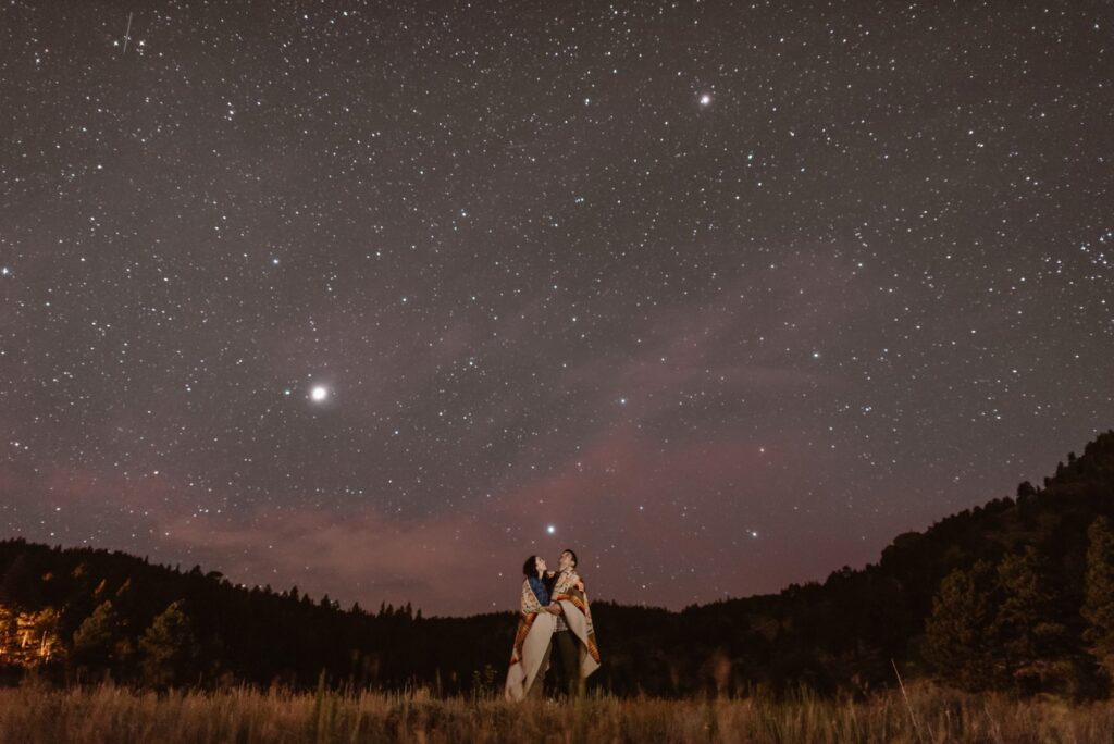 Couple under a starry night sky after they get married in Estes Park, Colorado