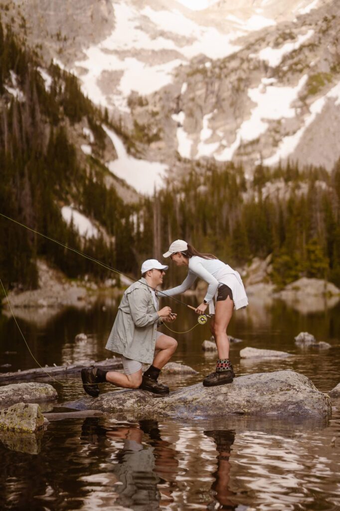 Excited reaction to surprise proposal at Dream Lake in Colorado
