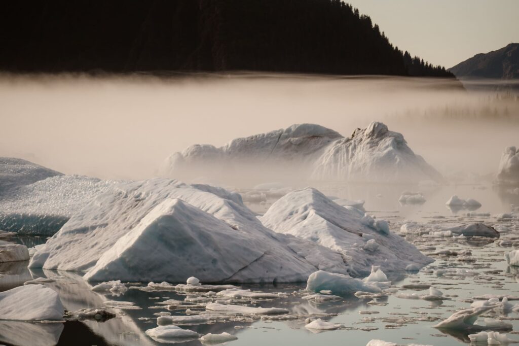 Foggy glacial lagoon in Alaska