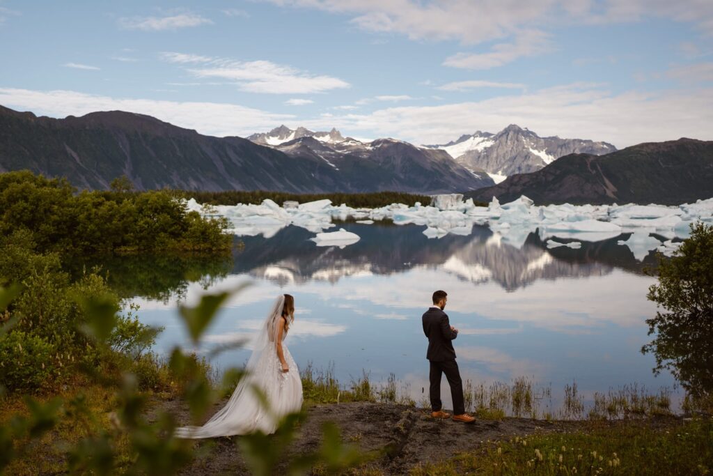 First look on the shore of a glacial lagoon in Alaska