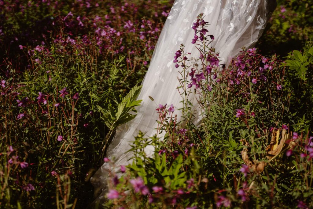 Bridal gown and wildflowers