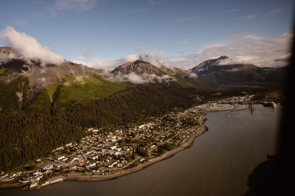 View of Seward from a helicopter during an adventure elopement